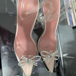 PrettyLittleThing Nude and Clear Heels with Rhinestone Bow - US 9